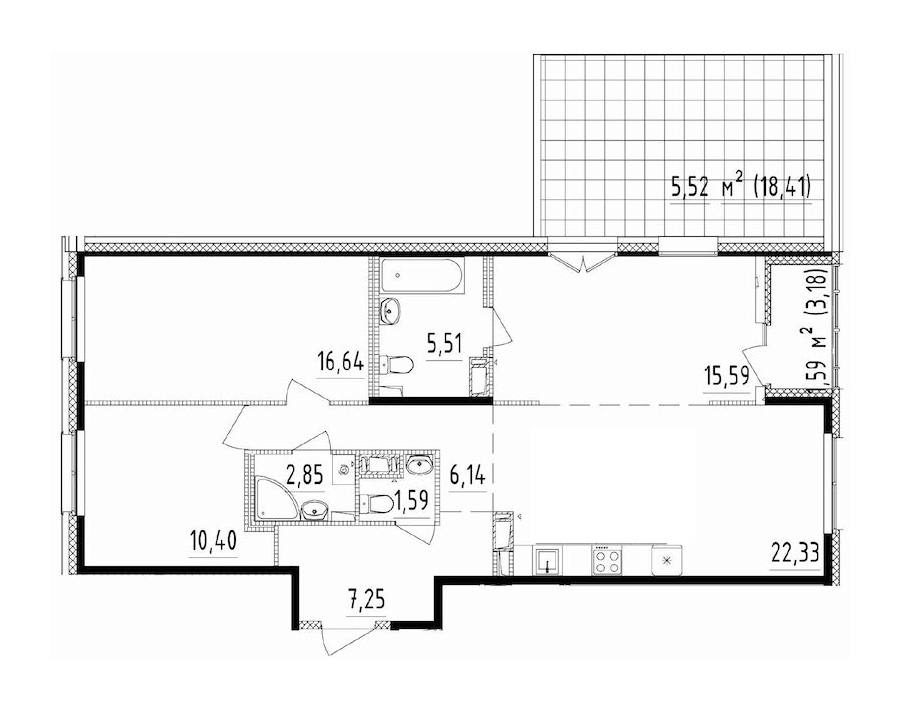 2-комнатная квартира 88.3 м², 12/12 эт., ЖК «Чёрная речка»